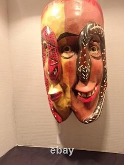 Carved Wooden Mexican Guerrero Mask Two Face Folk Art