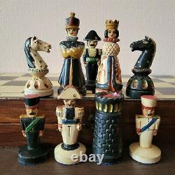 Carved soviet chess set 60s Folk art Wooden vintage USSR russia antique