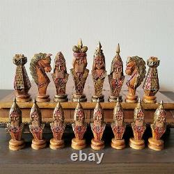 Carved soviet chess set 60s Folk art Wooden vintage USSR russia antique