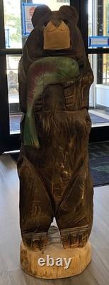 Chainsaw Carved Bear Holding A Fish, 48 Inches Tall, 13 Inches. Hand Painted