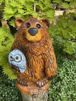 Chainsaw Carved CHUBBY BEAR HOLDING OWL Pine Wood UNIQUE Whimsical Folk Artwork