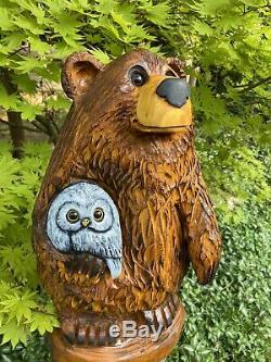 Chainsaw Carved CHUBBY BEAR HOLDING OWL Pine Wood UNIQUE Whimsical Folk Artwork