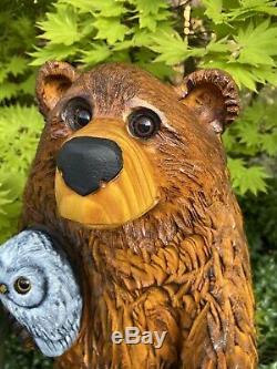 Chainsaw Carved CHUBBY BEAR HOLDING OWL Pine Wood UNIQUE Whimsical Folk Artwork