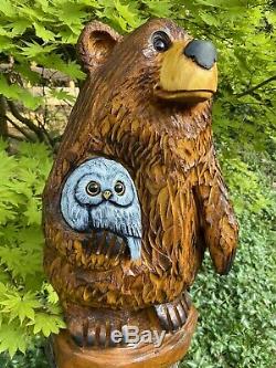 Chainsaw Carved CHUBBY BEAR HOLDING OWL Pine Wood UNIQUE Whimsical Folk Artwork