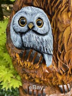 Chainsaw Carved CHUBBY BEAR HOLDING OWL Pine Wood UNIQUE Whimsical Folk Artwork