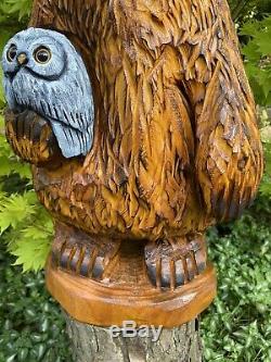 Chainsaw Carved CHUBBY BEAR HOLDING OWL Pine Wood UNIQUE Whimsical Folk Artwork