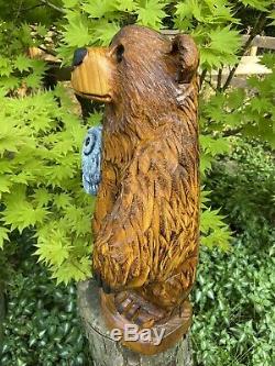 Chainsaw Carved CHUBBY BEAR HOLDING OWL Pine Wood UNIQUE Whimsical Folk Artwork