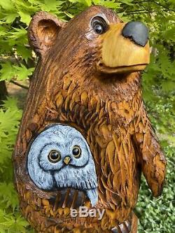 Chainsaw Carved CHUBBY BEAR HOLDING OWL Pine Wood UNIQUE Whimsical Folk Artwork