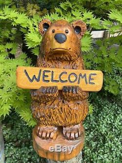 Chainsaw Carved CHUBBY BEAR with FREE CUSTOMIZED Sign Pine Wood Folk Art UNIQUE