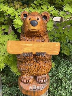 Chainsaw Carved CHUBBY BEAR with FREE CUSTOMIZED Sign Pine Wood Folk Art UNIQUE