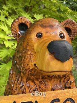 Chainsaw Carved CHUBBY BEAR with FREE CUSTOMIZED Sign Pine Wood Folk Art UNIQUE