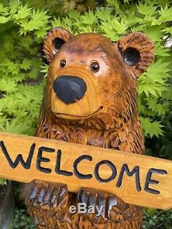 Chainsaw Carved CHUBBY BEAR with FREE CUSTOMIZED Sign Pine Wood Folk Art UNIQUE