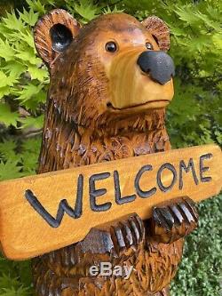 Chainsaw Carved CHUBBY BEAR with FREE CUSTOMIZED Sign Pine Wood Folk Art UNIQUE
