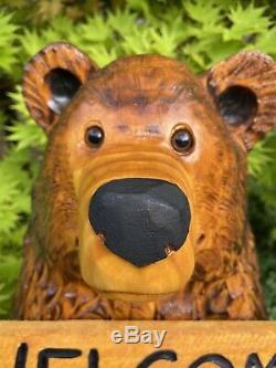 Chainsaw Carved CHUBBY BEAR with FREE CUSTOMIZED Sign Pine Wood Folk Art UNIQUE