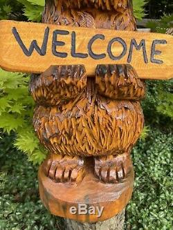 Chainsaw Carved CHUBBY BEAR with FREE CUSTOMIZED Sign Pine Wood Folk Art UNIQUE