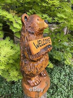 Chainsaw Carved CHUBBY BEAR with FREE CUSTOMIZED Sign Pine Wood Folk Art UNIQUE