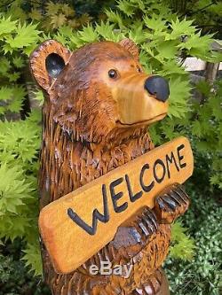 Chainsaw Carved CHUBBY BEAR with FREE CUSTOMIZED Sign Pine Wood Folk Art UNIQUE