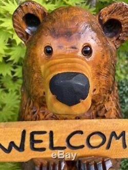 Chainsaw Carved CHUBBY BEAR with FREE CUSTOMIZED Sign Pine Wood Folk Art UNIQUE