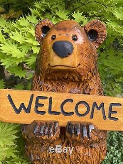 Chainsaw Carved CHUBBY BEAR with FREE CUSTOMIZED Sign Pine Wood Folk Art UNIQUE