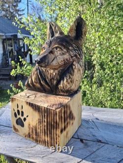 Chainsaw Carved Coyote Wolf Bust Wood Carving Rustic Art Sculpture Statue Dog