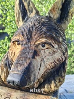 Chainsaw Carved Coyote Wolf Bust Wood Carving Rustic Art Sculpture Statue Dog