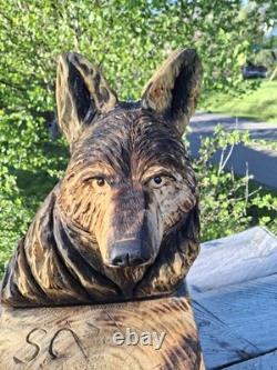 Chainsaw Carved Coyote Wolf Bust Wood Carving Rustic Art Sculpture Statue Dog