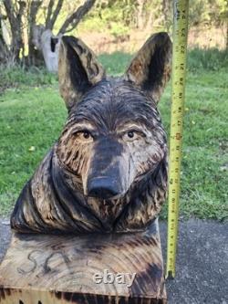 Chainsaw Carved Coyote Wolf Bust Wood Carving Rustic Art Sculpture Statue Dog