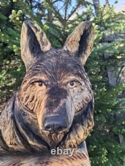 Chainsaw Carved Coyote Wolf Bust Wood Carving Rustic Art Sculpture Statue Dog