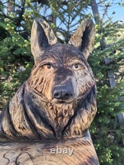 Chainsaw Carved Coyote Wolf Bust Wood Carving Rustic Art Sculpture Statue Dog