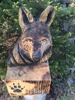 Chainsaw Carved Coyote Wolf Bust Wood Carving Rustic Art Sculpture Statue Dog
