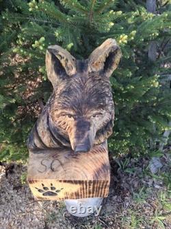 Chainsaw Carved Coyote Wolf Bust Wood Carving Rustic Art Sculpture Statue Dog