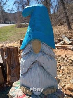 Chainsaw Carved Gnome Blue Hat Grey Beard Wooden Sculpture Decor 21.5 Tall