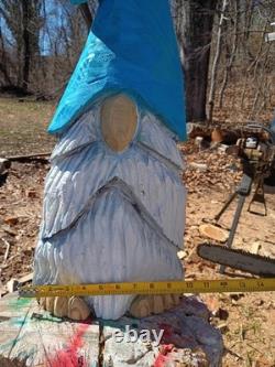 Chainsaw Carved Gnome Blue Hat Grey Beard Wooden Sculpture Decor 21.5 Tall