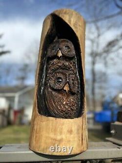 Chainsaw Carved OWLS IN LOG STATUE COTTONWOOD CARVING 21 Tall ONE OF A KIND