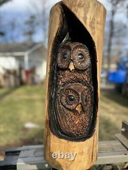 Chainsaw Carved OWLS IN LOG STATUE COTTONWOOD CARVING 21 Tall ONE OF A KIND
