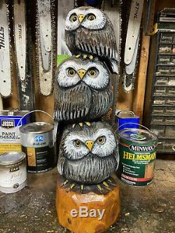 Chainsaw Carved OWL TOTEM POLE (3 OWL FAMILY) White Pine Wood ORIGINAL FOLK ART