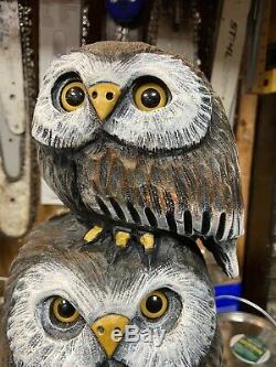 Chainsaw Carved OWL TOTEM POLE (3 OWL FAMILY) White Pine Wood ORIGINAL FOLK ART