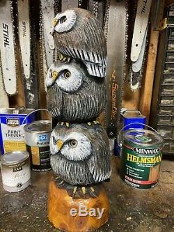 Chainsaw Carved OWL TOTEM POLE (3 OWL FAMILY) White Pine Wood ORIGINAL FOLK ART