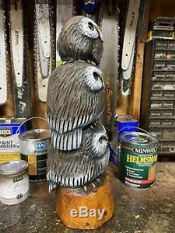 Chainsaw Carved OWL TOTEM POLE (3 OWL FAMILY) White Pine Wood ORIGINAL FOLK ART