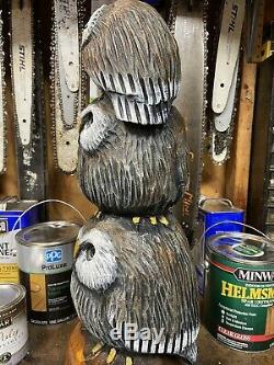 Chainsaw Carved OWL TOTEM POLE (3 OWL FAMILY) White Pine Wood ORIGINAL FOLK ART