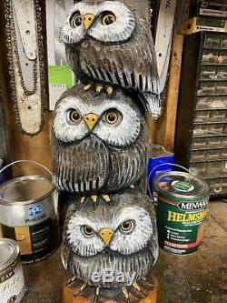 Chainsaw Carved OWL TOTEM POLE (3 OWL FAMILY) White Pine Wood ORIGINAL FOLK ART