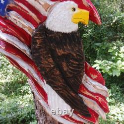 Chainsaw Carving Eagle Bald Eagle American Flag Wall Hanger Cypress