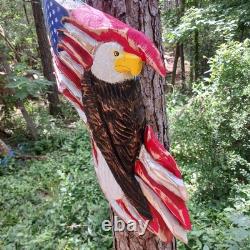 Chainsaw Carving Eagle Bald Eagle American Flag Wall Hanger Cypress