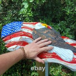 Chainsaw Carving Eagle Bald Eagle American Flag Wall Hanger Cypress
