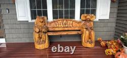 Chainsaw wood carving sculpture bench seat with moose and bear figures