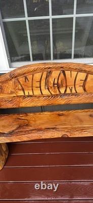 Chainsaw wood carving sculpture bench seat with moose and bear figures