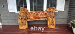 Chainsaw wood carving sculpture bench seat with moose and bear figures