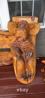 Chainsaw wood carving sculpture bench seat with moose and bear figures