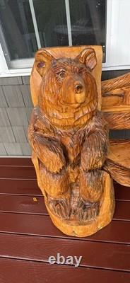 Chainsaw wood carving sculpture bench seat with moose and bear figures