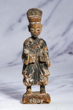 Chinese Ancestral Figure Antique Carved Wood Spirit Statue Qing Dynasty Folk Art